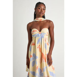Lulus Kelia Light Yellow Leaf Print Midi Dress And Scarf Set - Size M